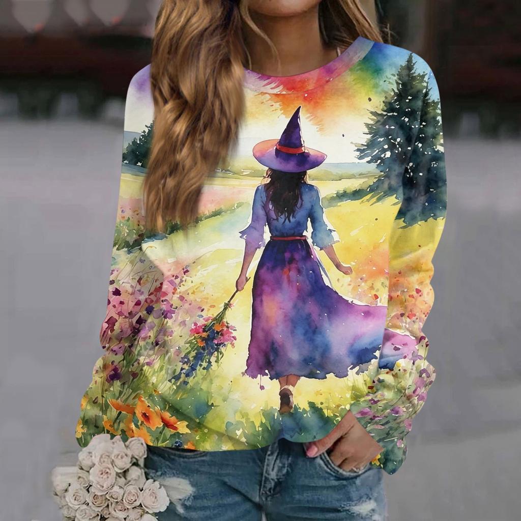 Women's Casual Long Sleeve Printed Raglan Sleeve Pullover Top for Halloween