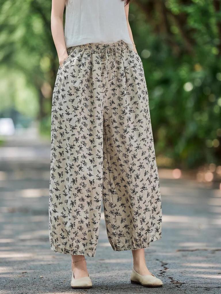 Damen Frühling 2026 Leinen Bedruckte Laternen-Cropped-Hose mit elastischem Bund