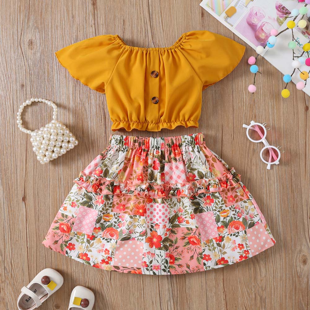 

Girls 2 Piece Outfit 1-8Y Yellow Off Shoulder Top with Floral Patchwork Skirt Set Kids Summer Clothing Sets 1-2Y жёлтый