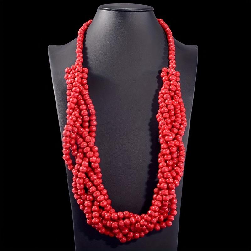 Vintage Ethnic Bohemian Beaded Necklace Long Statement Pendant with Red Wooden Beads and Coconut Shell Handmade Craftsmanship for Layering