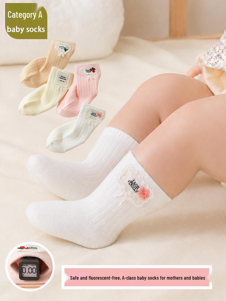 Spring-Autumn Breathable Baby Socks, Combed Cotton, 0-1 Year, Korean Style, Sweat-Absorbing, Mid-Calf.
