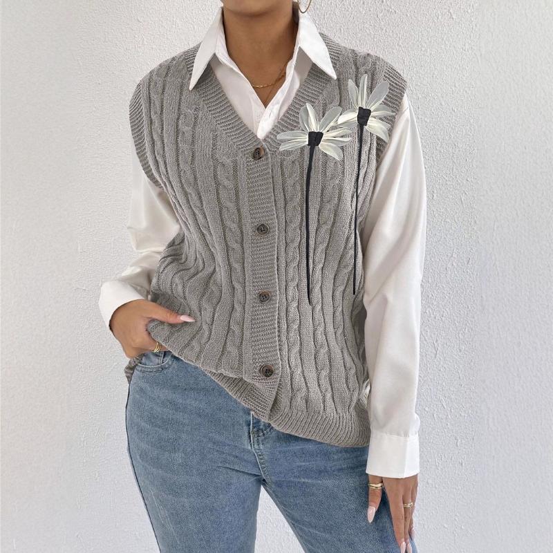 Women's Knitted Cardigan Autumn Winter Women's Casual Outer Twist Woven Sweater Three-dimensional Flower Stitching Vest