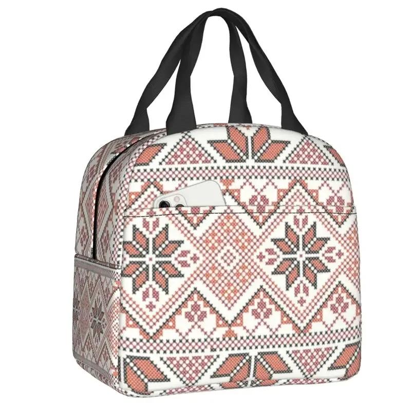 Embroidery Traditional Folk Art Insulated Lunch Bag Tatreez Cross Portable Thermal Cooler Lunch Box