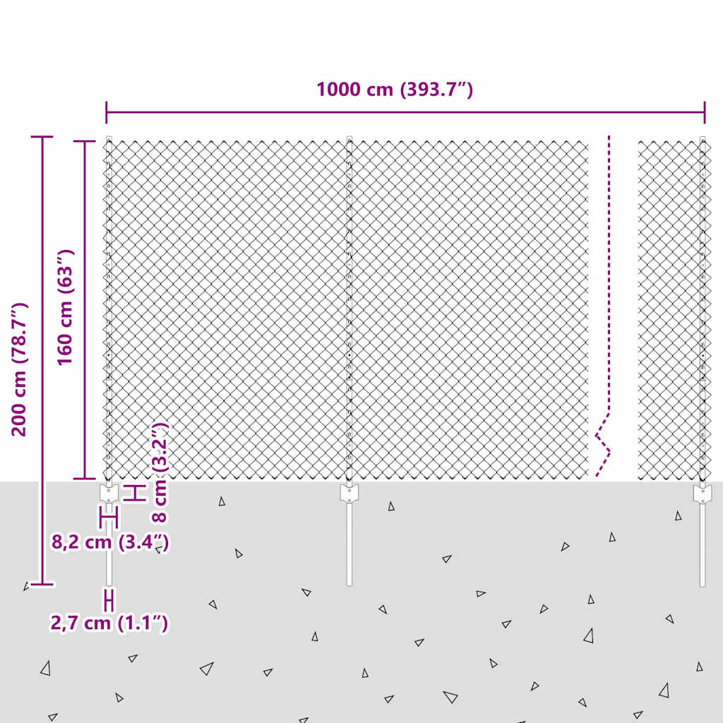 Chain Link Fence with Posts 10 x 1.6 m (W x H) Hot Dip Galvanized Steel
