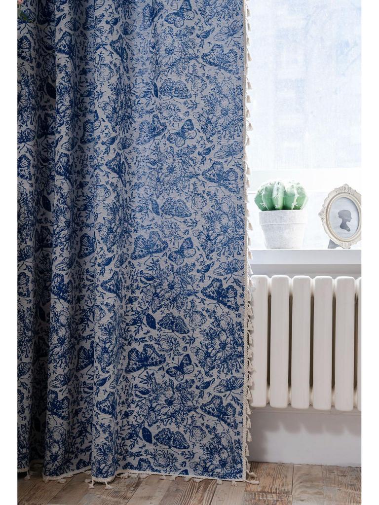 Imanqi Yun Blue Butterfly Jacquard Tassel Semi-Blackout Curtains for Kitchen or Bay Window