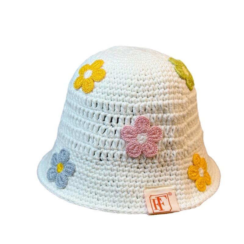 Korean Version of Small Fresh Handmade Flower Knitted Woolen Hat for Women In Autumn and Winter Versatile Face Showing Small Fisherman Hat