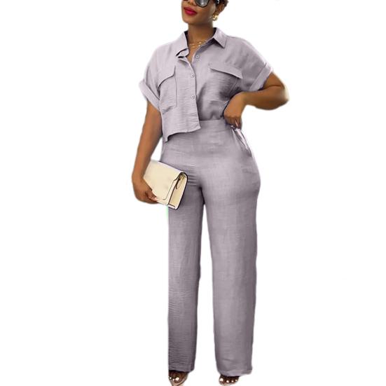 

2 шт./компл. с отложным воротником и короткими рукавами, однобортный, однобортный, с высокой эластичной резинкой на талии, с широкими штанинами, прямой, OL, для поездок на работу XL серый