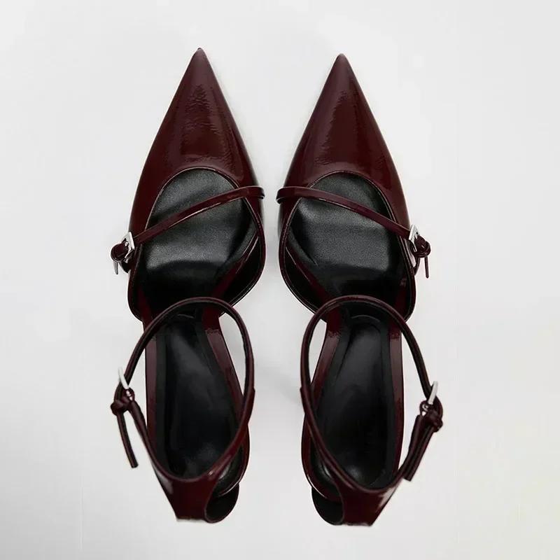 Fashion Elegant Ankle Strap Patent Leather Thin High Heels Women Summer Sexy Pointed Toe High Heeled Sandals Luxury Banquet Wedding Shoe