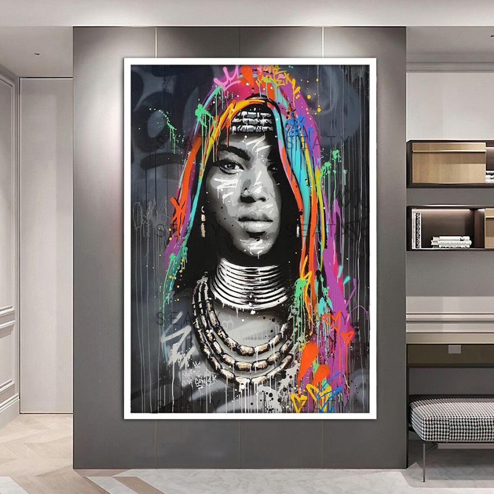 Ethnische Leinwandkunst, Frauen-Wand-Leinwand-Ölgemälde, ethnisches afrikanisches buntes Porträt, Straßen-Graffiti, Vintage-Poster, Drucke, Figur, Wanddekoration, ästhetisch