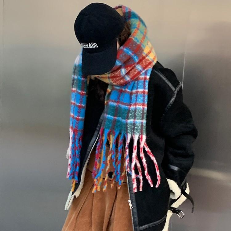 Rainbow Plaid Fringed Scarf Girls Winter New Korean Version Versatile Warm Scarf Shawl Dual-purpose Thickened