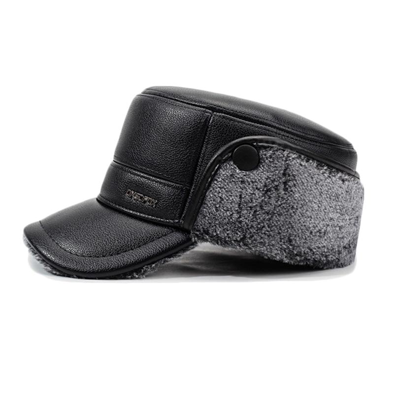 Men's PU Flat Top Hat Winter Warm Ear Protection Hat for Middle-Aged and Elderly Cotton Hat Thick Cold-Proof Cap