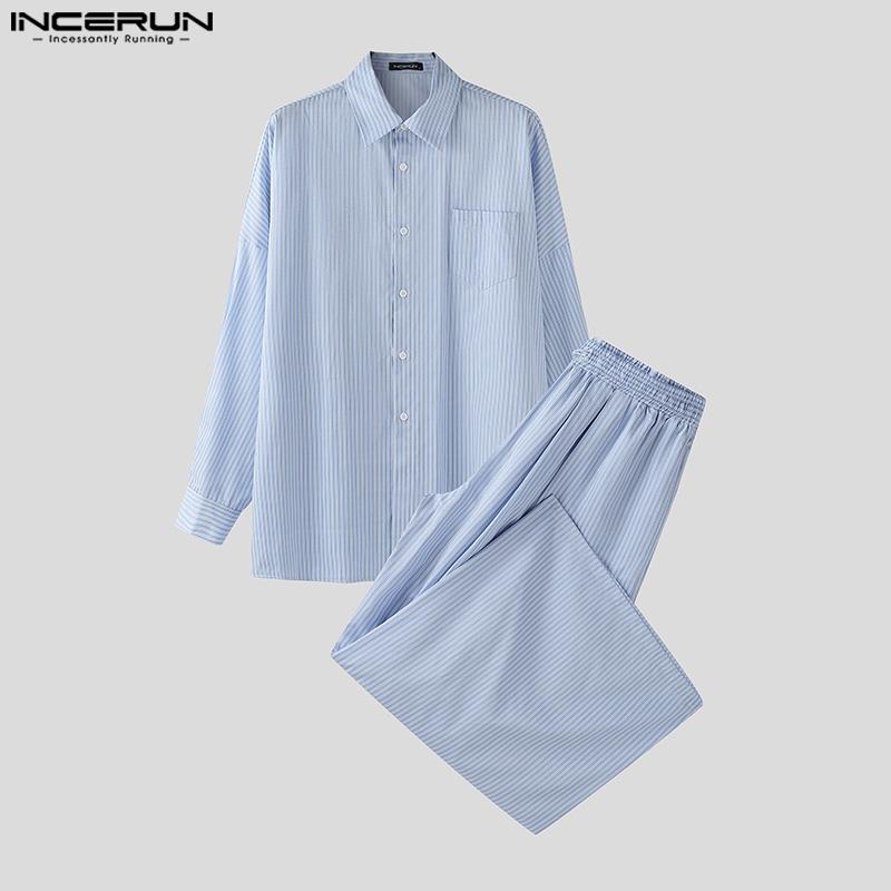 INCERUN Two Pieces Men Lapel Neck Long Sleeve Striped Shirt Long Wide Leg Pants Sets Outfits