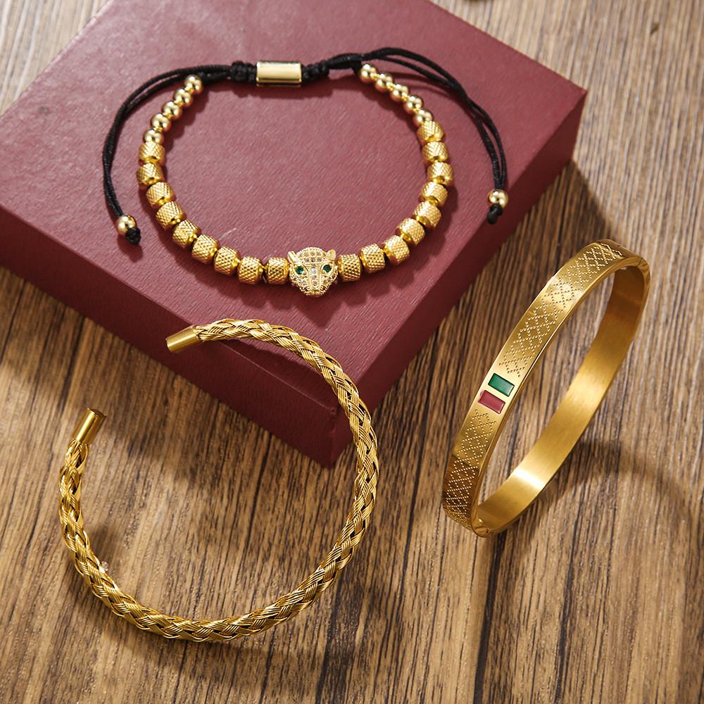 Hip Hop Leopard Head Zircon Copper Stainless Steel Bracelets Set For Men And Women