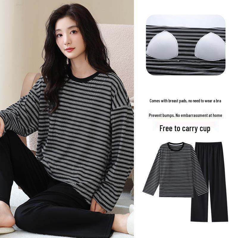 Pyjama d'automne pour femme à col rond rayé à manches longues avec coussinets de poitrine - Ensemble décontracté grande taille pour la maison et l'extérieur