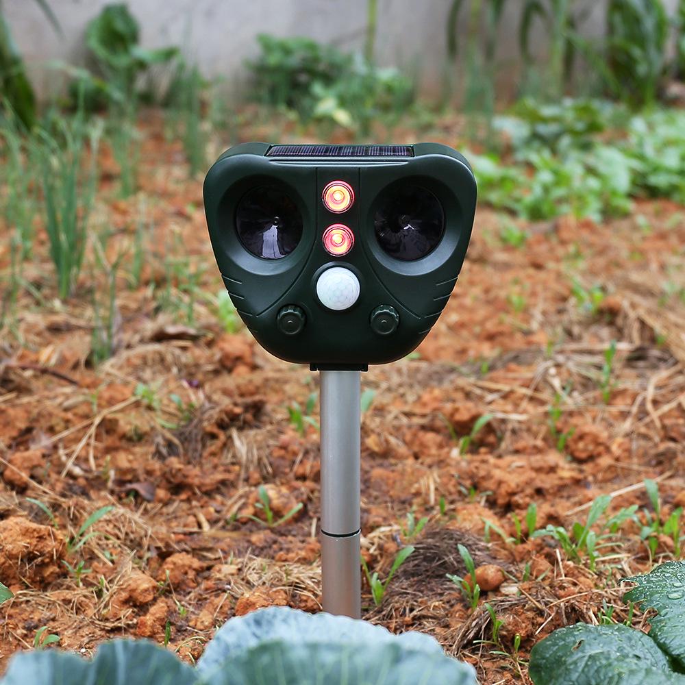 Solar Ultrasonic Animal Repeller with Infrared Sensing and Flashing Lights for Dogs, Birds, and Mice.