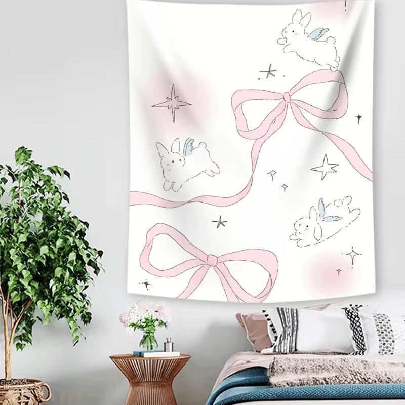 Dreamy Star Moon Rabbit Tapestry Gradient Sky with Bow for Kids Room Instagram Fairy Tale Theme Wall Decor