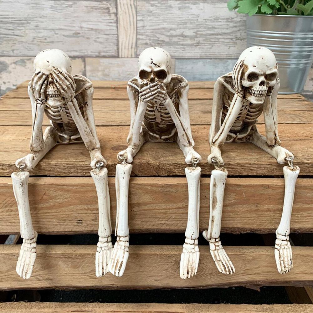 Halloween Resin Skull Decorative Ornament No Evil Skeleton Figurines Resin Realistic Skull Decor For Bookshelf Table Edge Decor