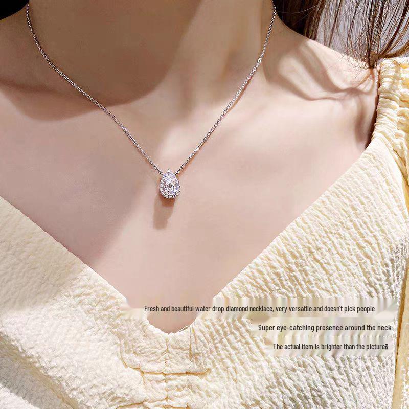 Sterling Silver Moissanite Teardrop Pendant Necklace - Elegant High-End Clavicle Chain