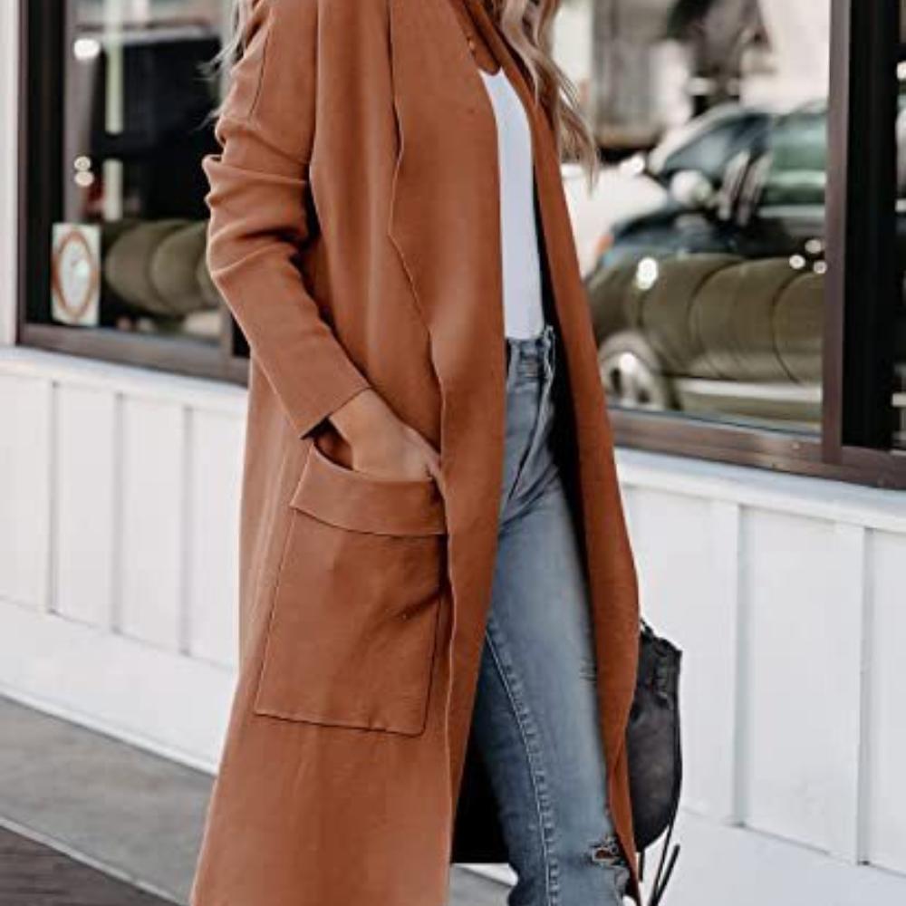 2025 Women's Autumn Casual Loose Solid Color Long Cardigan Pocket Woolen Coat