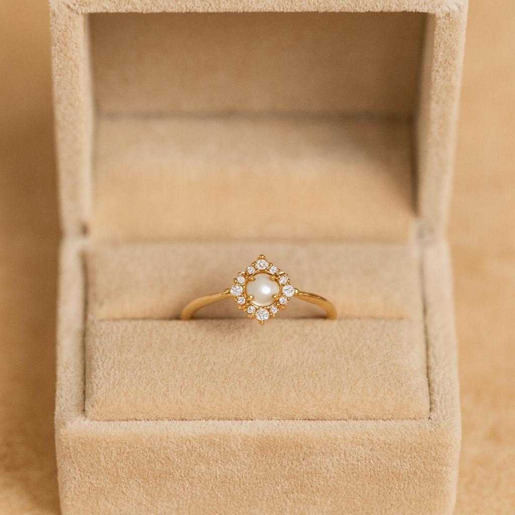 Pearl & Cubic Zirconia Ring for Women | Yellow Gold Plated 925 Sterling Silver Vintage Style Ring | Wedding, Engagement Gift