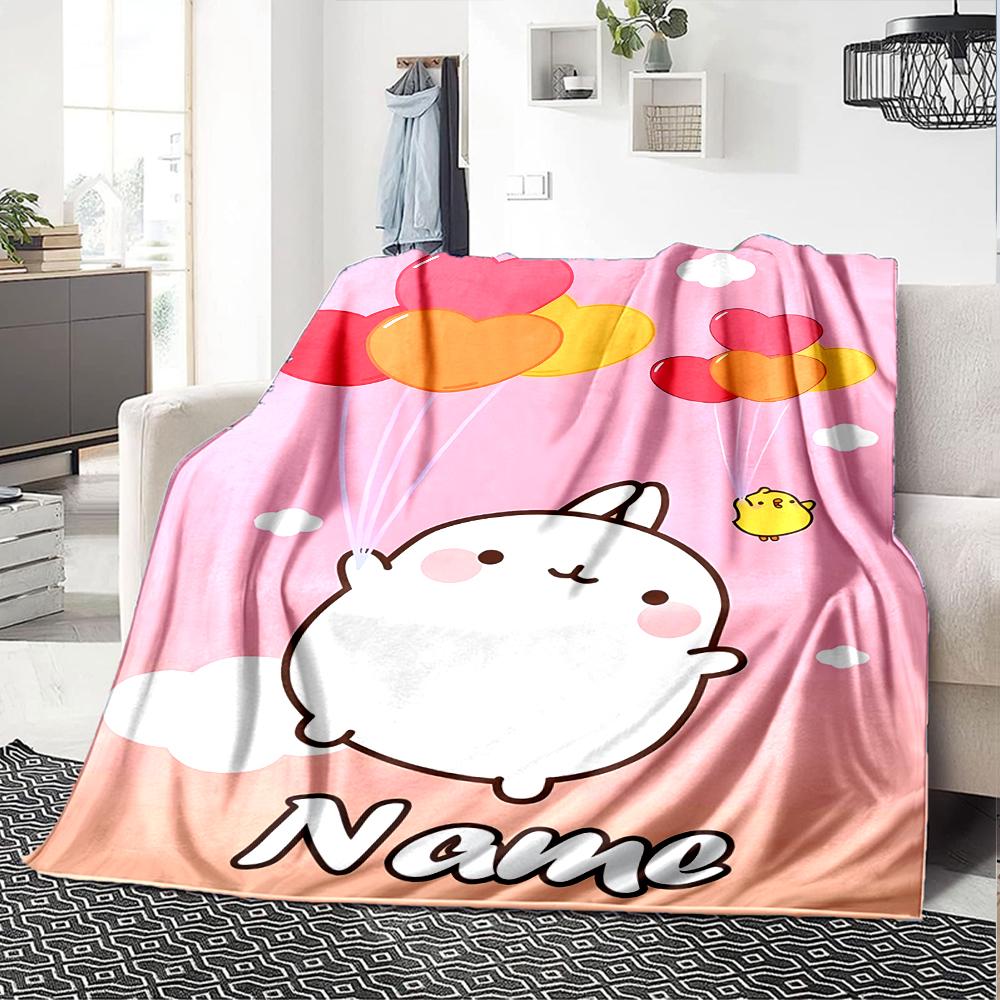 Customiz Name Personality Molang Blanket Soft &Warm Sofa Office Bed Travel Lunch Break Blanket, Gift Suitable All Seasons