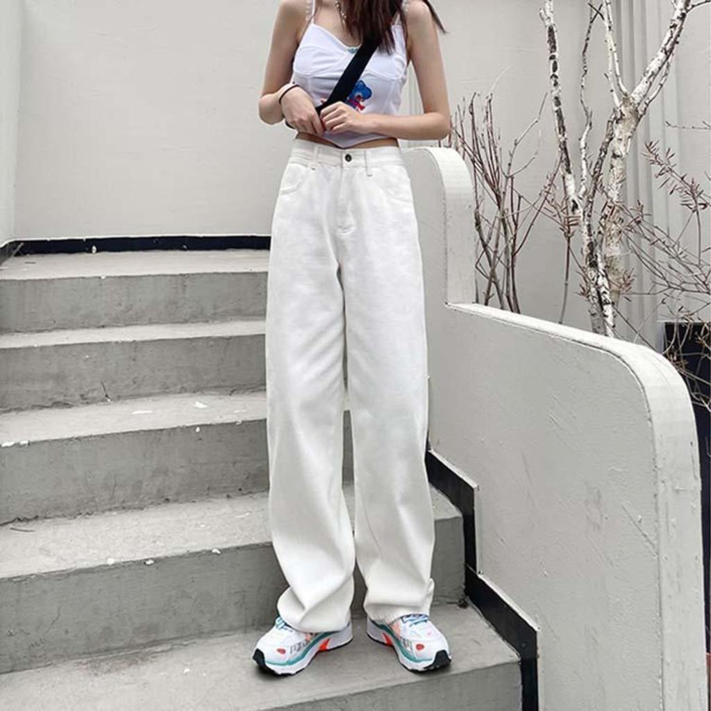 Women's High Waist Straight Leg Jeans Casual White Denim Pants Loose Trousers