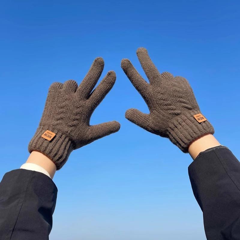 Double Layered Thickened Men's and Women's Windproof and Warm Pure Color Knitted Gloves for Autumn and Winter