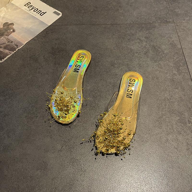 

Блестящая серебристая прозрачная сумка-бисер, шлепанцы с открытой пяткой, женская уличная обувь, летние дизайнерские сандалии, шлепки 40 золотой