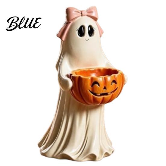 Small Figurines for Bedroom Resin Ghost Statue with Pumpkin Candy Bowl Halloween Table Decor Decorations Cute Desktop Organizer Living Room