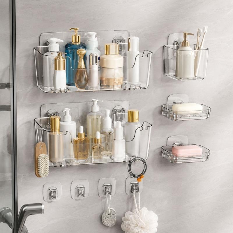 Bathroom Wall Shelf with Open Base, Adhesive Shower Storage Rack for Mounting of Bottles, Soap and Daily Use Items near Sink Side Storage