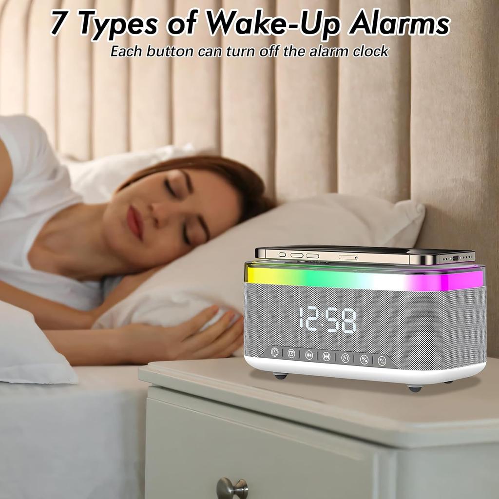 Despertador de Rádio de Cabeceira, Despertador com Carregamento Sem Fio de 15W, Alto-falante Bluetooth, Carregador Sem Fio, 13 Efeitos de Iluminação LED, Rádio FM, Carregamento USB