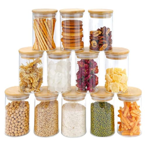 

Adjivecct 12-Piece Glass Jars Set (300ml), Clear Spice Jars with Bamboo Lids, Food Storage Jar Canisters for Kitchen Countertop Organizer