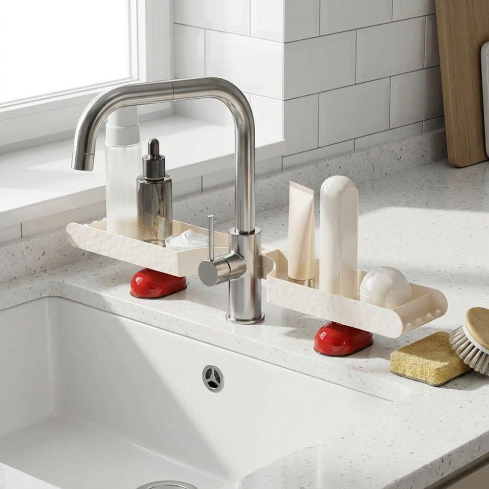 U-shaped Bathroom Storage Rack Dual-grid No-Drill Faucet Sink Shelf Space Saving Large Capacity Sink Drying Rack Mirror Front