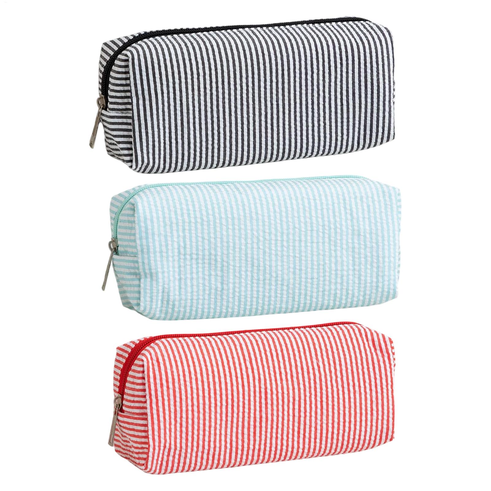 Seersucker Embroidered Pencil Case Stationery Organizer Pouch Teens Students Kids Classroom College Desk Art Class Essential rosso