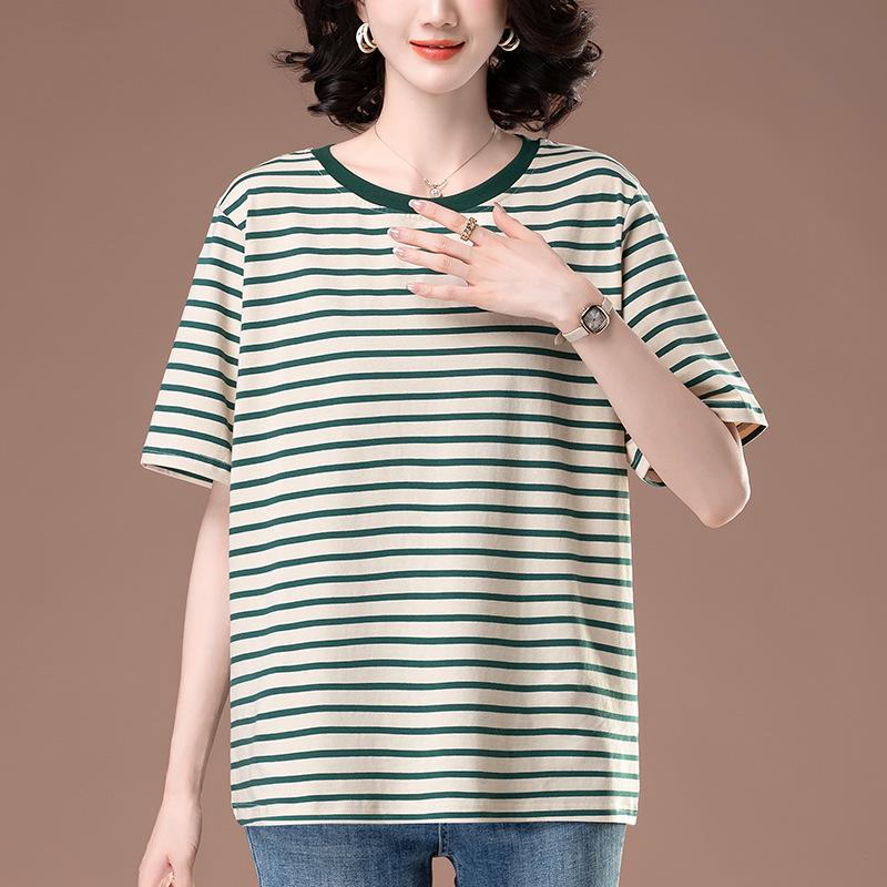 

Летняя женская футболка больших размеров из чистого хлопка в полоску, приталенная, с короткими рукавами, для среднего возраста 5XL