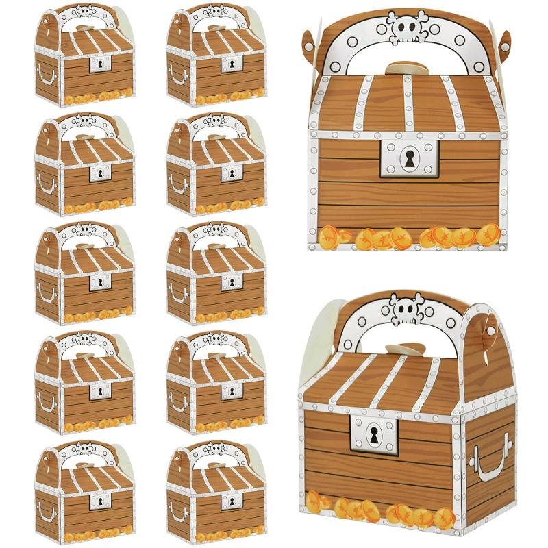 6pcs Pirate Treasure Treat Chest Paper Candy Gift Box Kids Trick or Treat Halloween Party Supplies Pirate Themed Birthday Decor