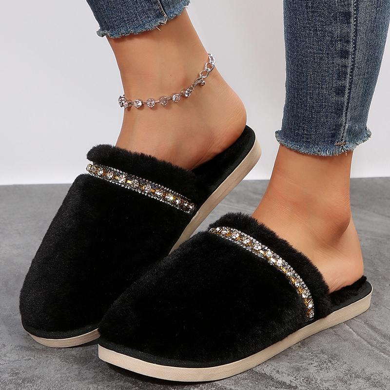 Bling Crystal Fluffy House Slippers for Women Winter 2025 Indoor Cozy Warm Fur Slippers Woman Flat Non Slip Plush Home Slides