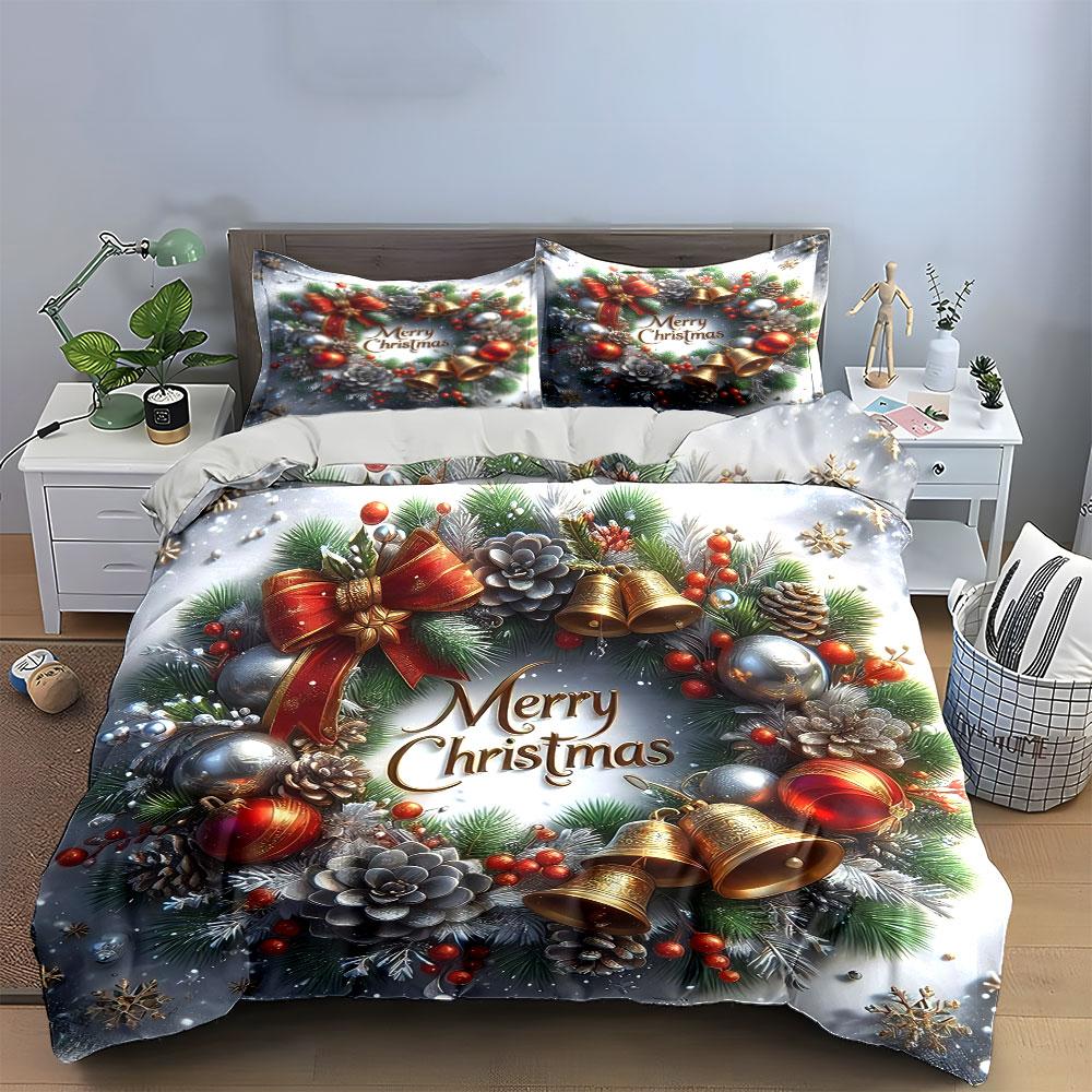 Christmas Wreath with Bells Bedding Duvet Cover Set Duvet Cover Pillowcases (1*Duvet Cover 2*Pillowcases, without duvet insert)