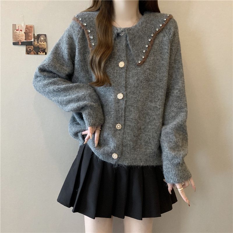 Women's Korean Style Casual Doll Collar Sweater Jacket Loose Beaded Sweater Cardigan Top