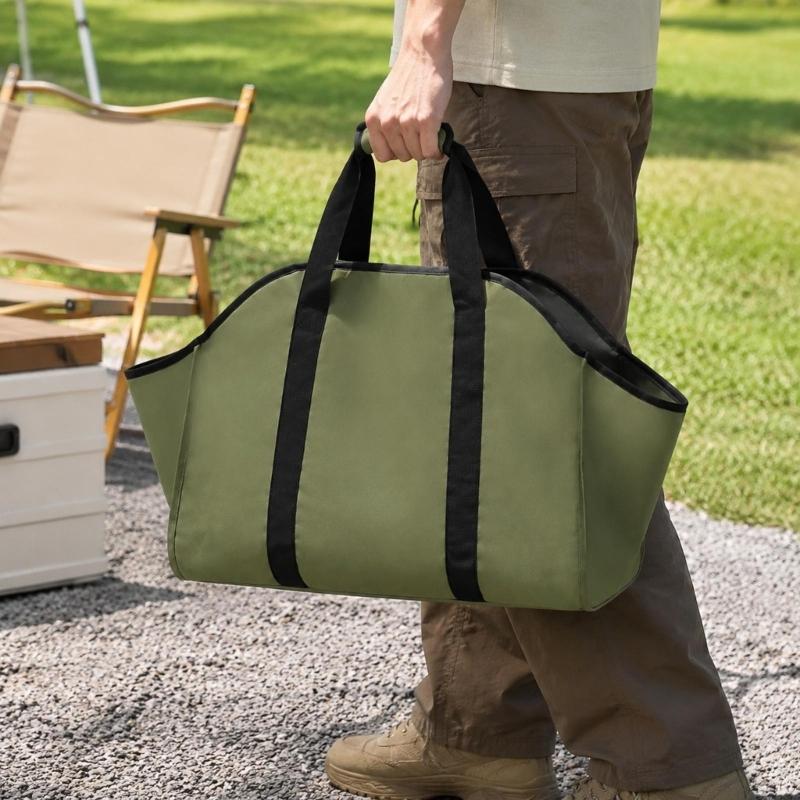 Folding Firewood Bag with a Broad Opening and Reinforced Handles for Hearth, Fire Pit, Camping, and Cabin Wood Transport