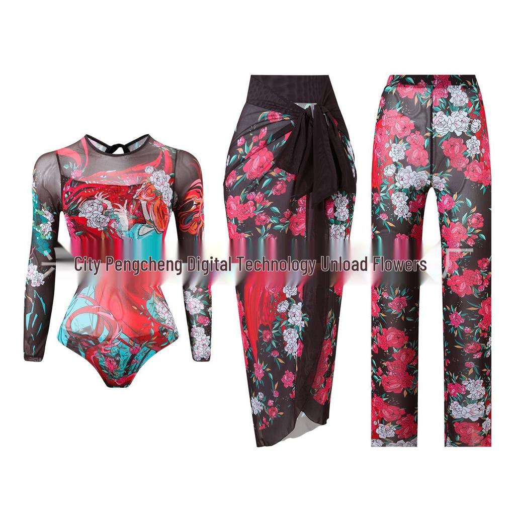 Women's Three-Piece Set: One-Piece Long-Sleeved Sun Protection Swimsuit with Mesh Long Pants