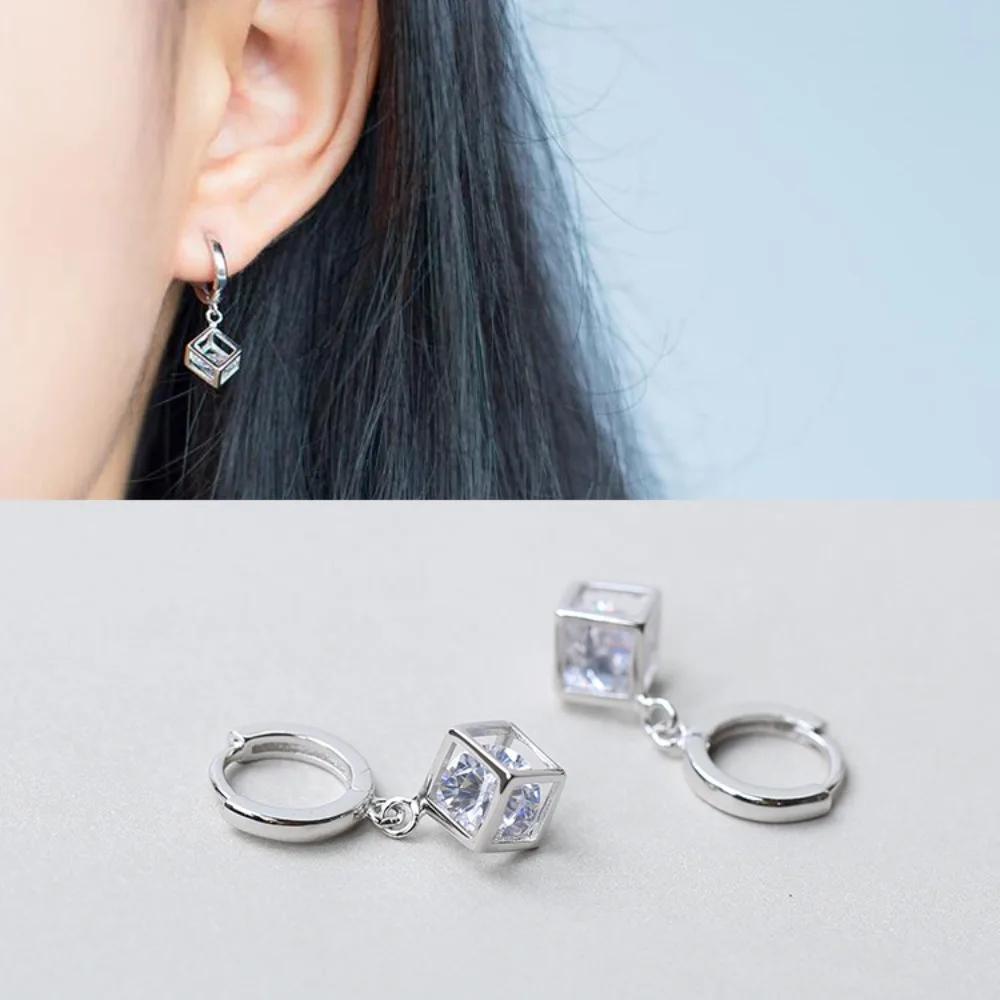 2pcs Set Fashion Personality Silver Color Cube Zircon Crystal Pendant Necklace Earrings for Women Stainless Steel Jewelry Sets