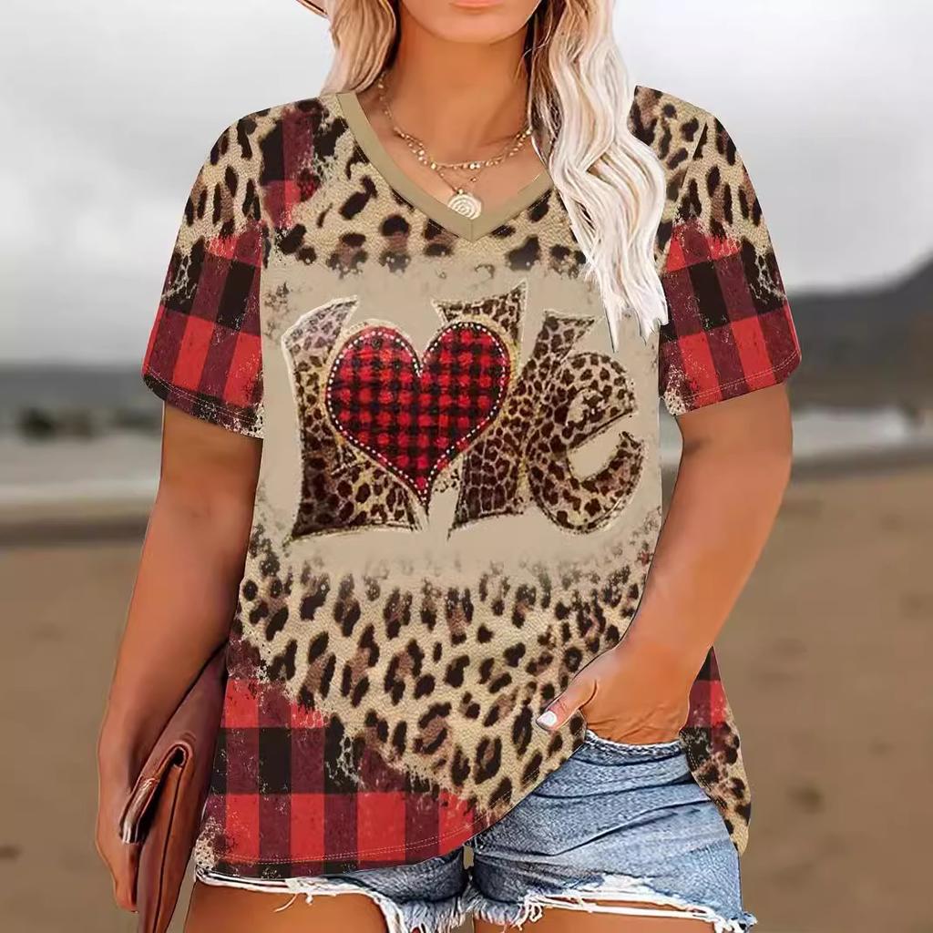 Summer V-neck 3D Love Sunflower Printed Top Fashionable Casual Short Sleeved Women's T-shirts