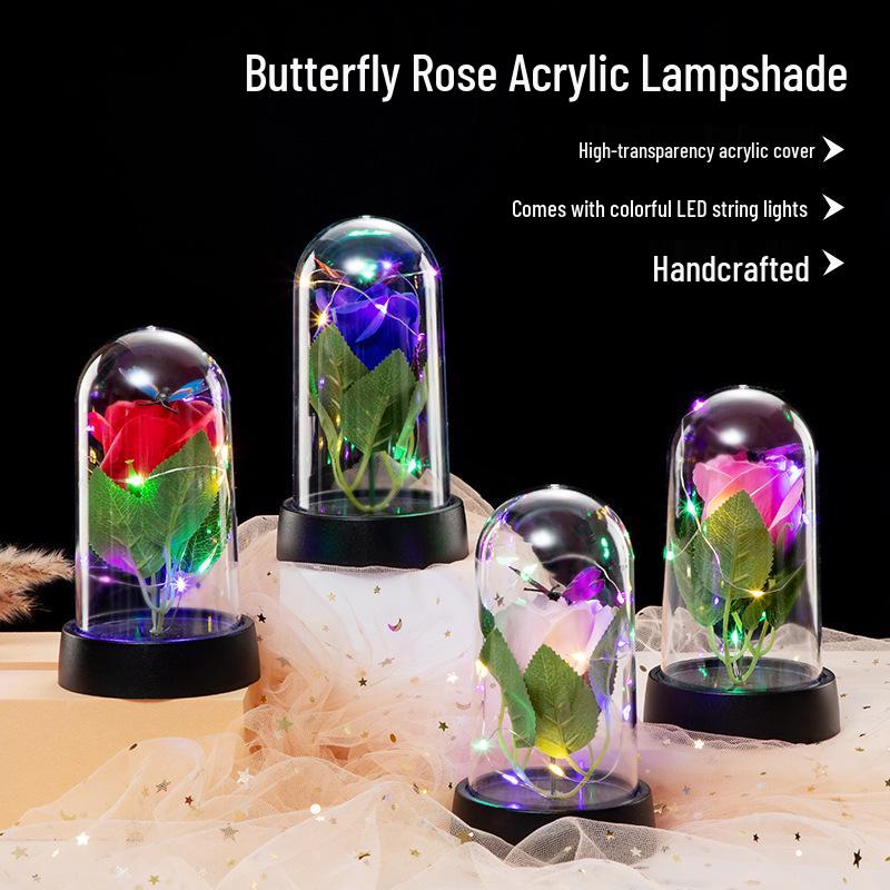 Eternal Flower Glass Dome Night Light - Gold Foil Butterfly Rose & Dried Flower Table Decoration