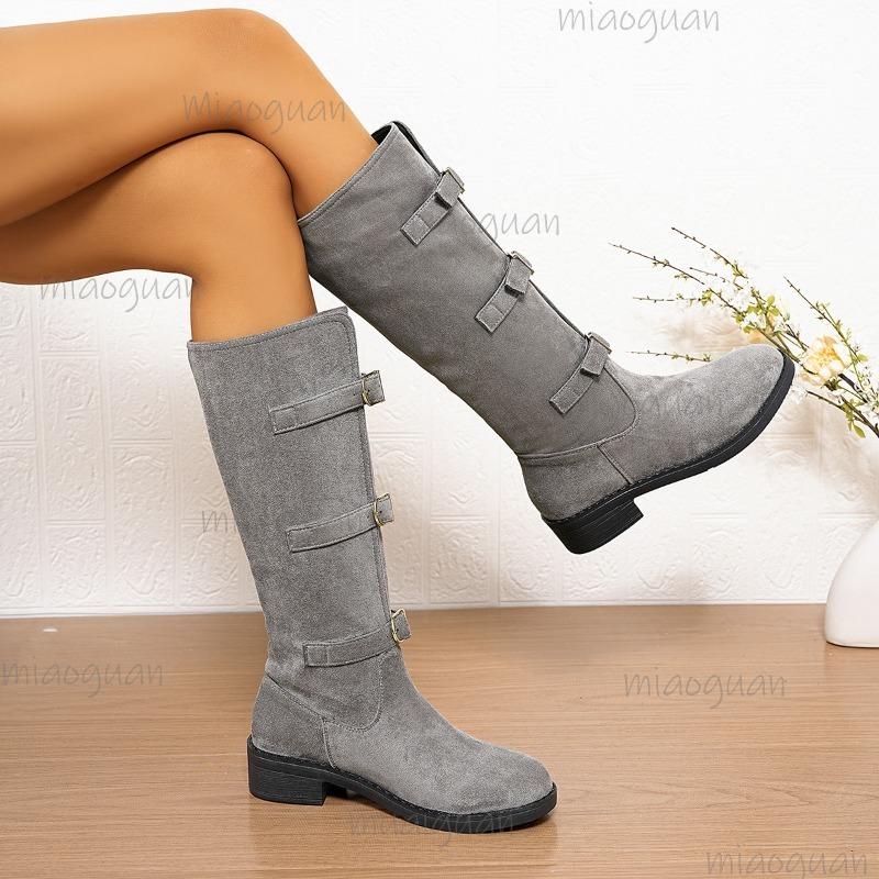 Plus Size 36-43 Women's Suede Mid-Calf Boots Metal Buckle Straps Mid Heel Knee-High Boots 2026 Autumn Winter Fashion Botas Mujer