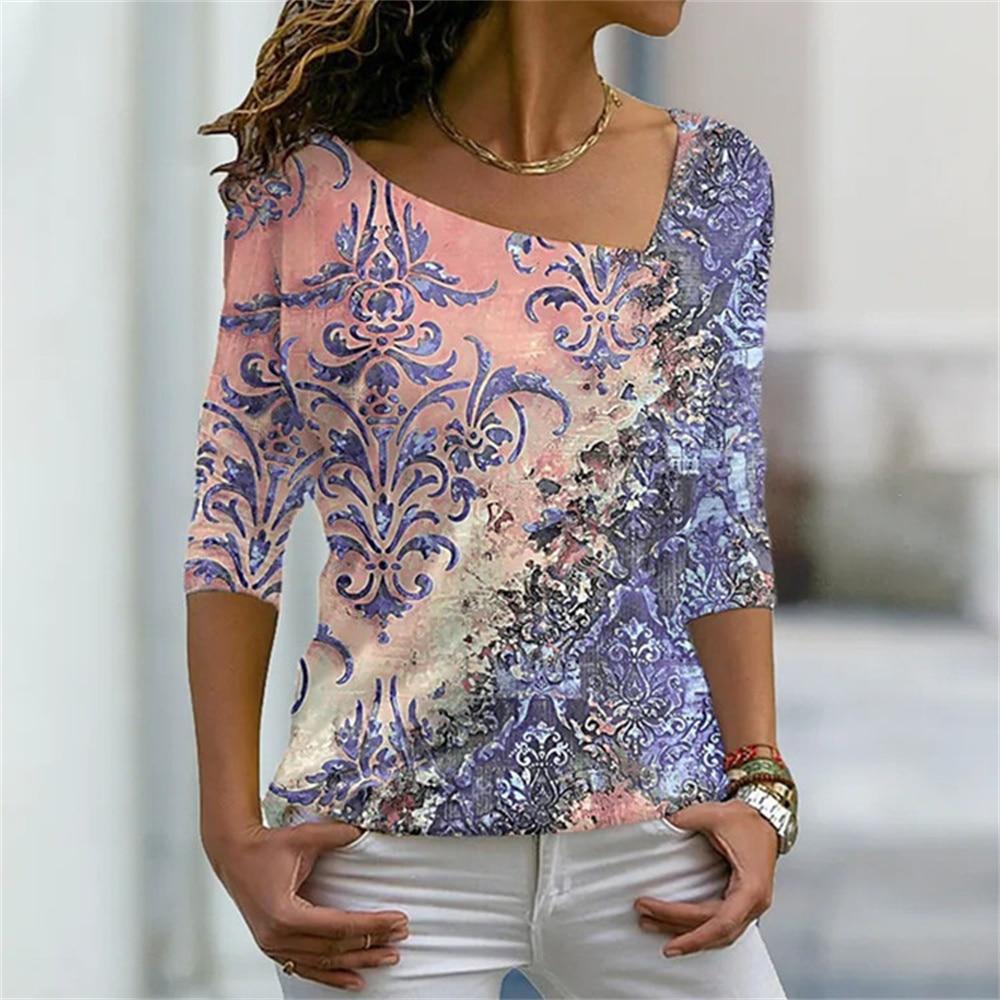 Women's 3D Flower Pattern T-shirt Irregular V-neck Design Y2k Fashion Trend Summer Short Sleeve Sexy Neckline Tshirts 2023