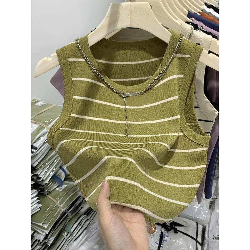 Fashion Casual Pullover Knitted Short Striped Vest Women's 2025 Spring Summer New Slim Fit Sleeveless Tank Top Elegant Thin Office Shirt