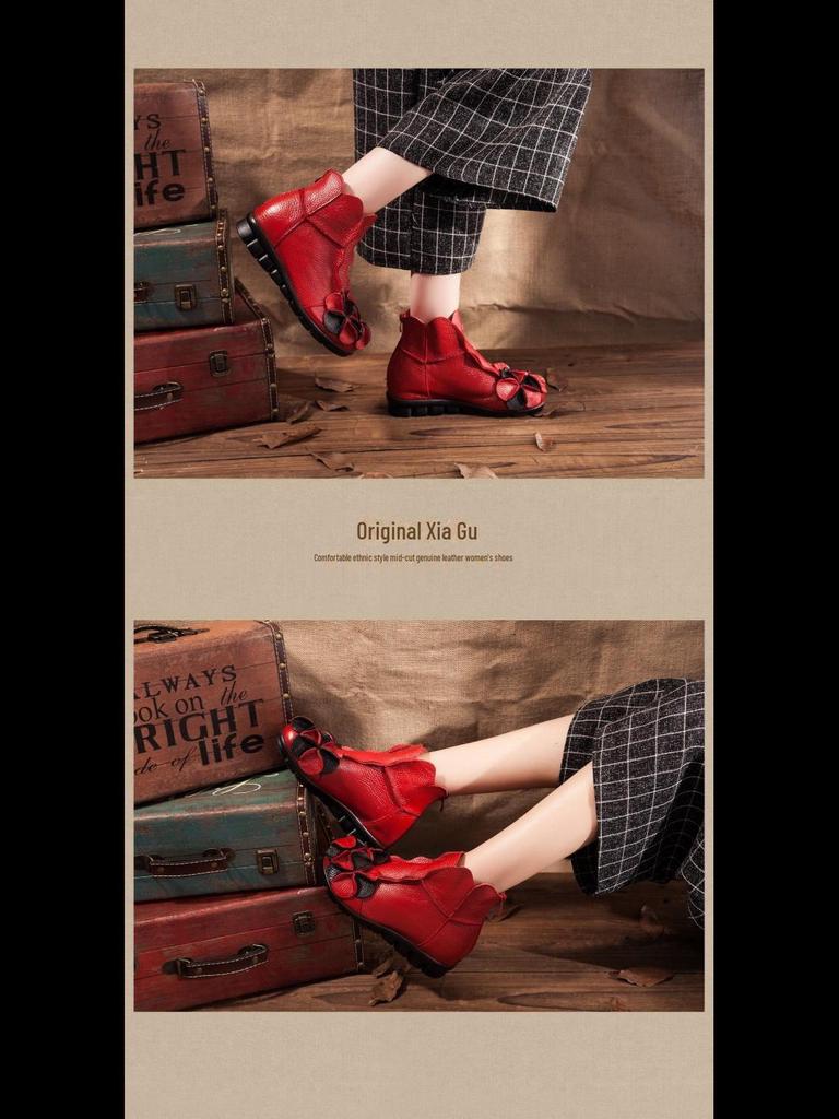 Women's Handmade Retro Real Leather Martin Boots with Thick Soles and Heels, Rear Zipper, Short Design for Autumn and Winter