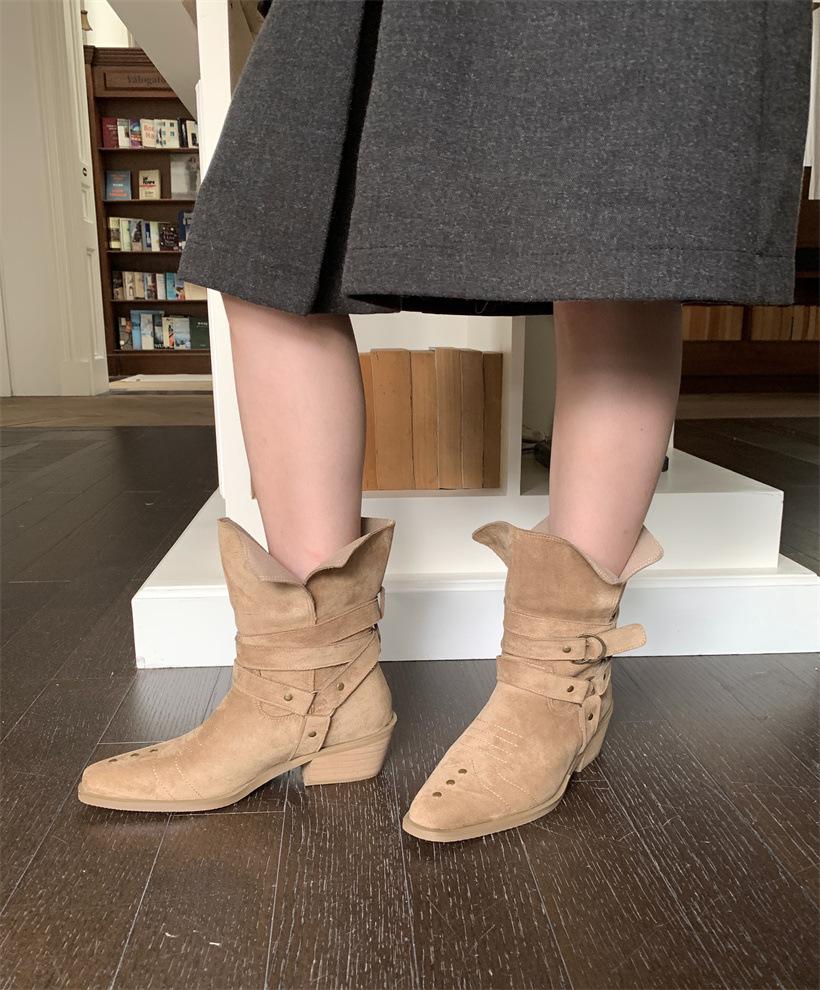 

Винтажные нишевые ботильоны с пряжкой на ремне, с острым носком, удобные ботинки на толстом каблуке, осень-зима 2025, тонкие, с широким голенищем, ковбойские ботинки 39 абрикосовый