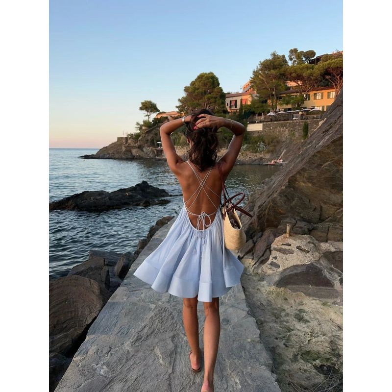 Nanfa Holiday French style Design Sense Deep V Bandage Backless Atmosphere Sense Seaside Holiday Style Puffy Sling Dress